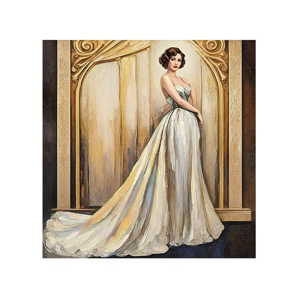 Vintage-style illustration of woman wearing a flowing golden gown in decorative frame