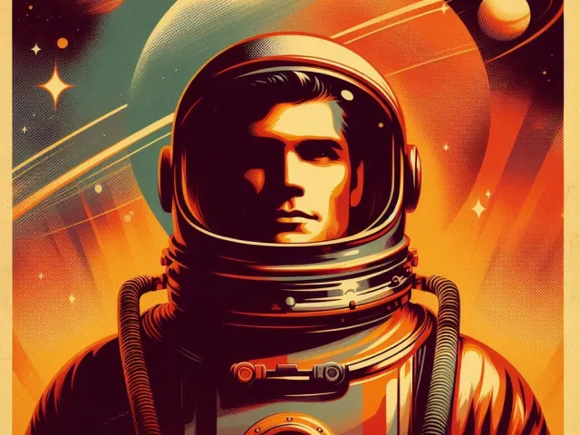 Retro style astronaut illustration with bold colors and space background