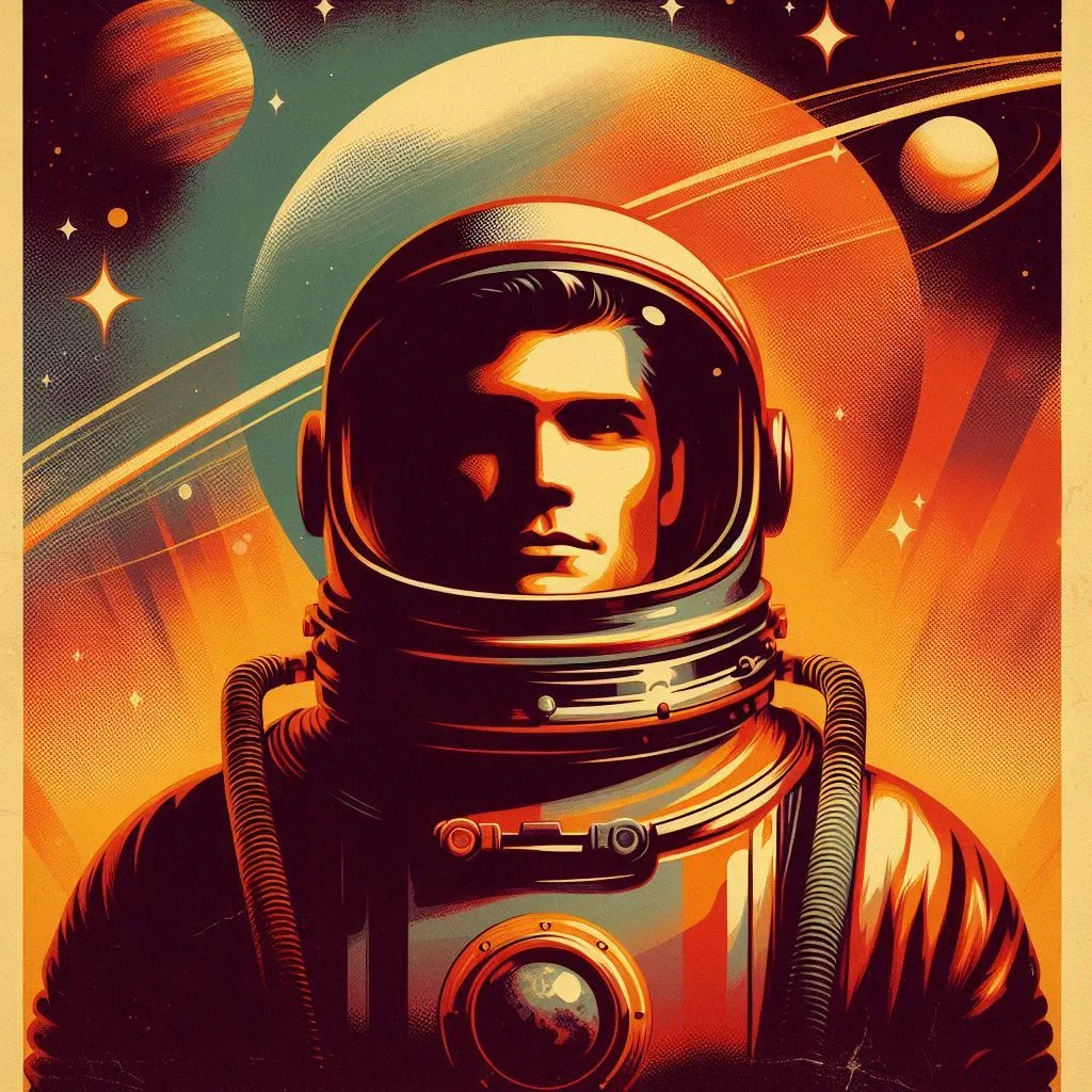 Retro style astronaut illustration with bold colors and space background