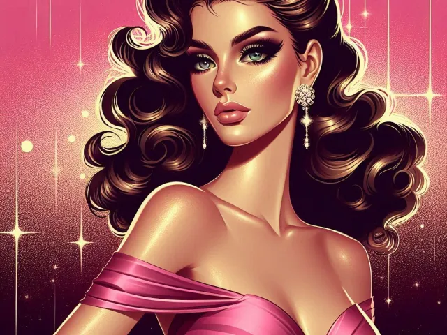 Glamorous retro-style woman with voluminous hair and pink neon background