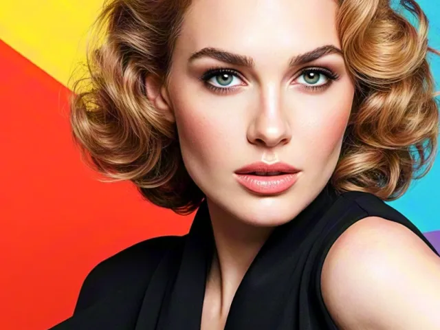 Stylish woman with vintage-inspired hairstyle against bold color backdrop