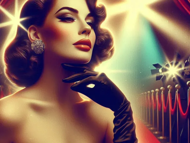 Stylized retro portrait of elegant woman under dramatic golden lighting