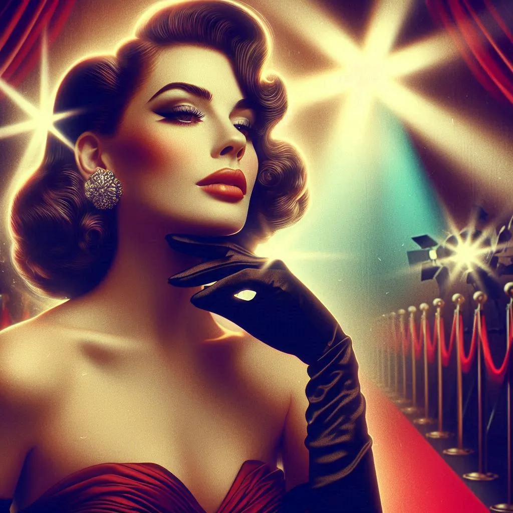 Stylized retro portrait of elegant woman under dramatic golden lighting