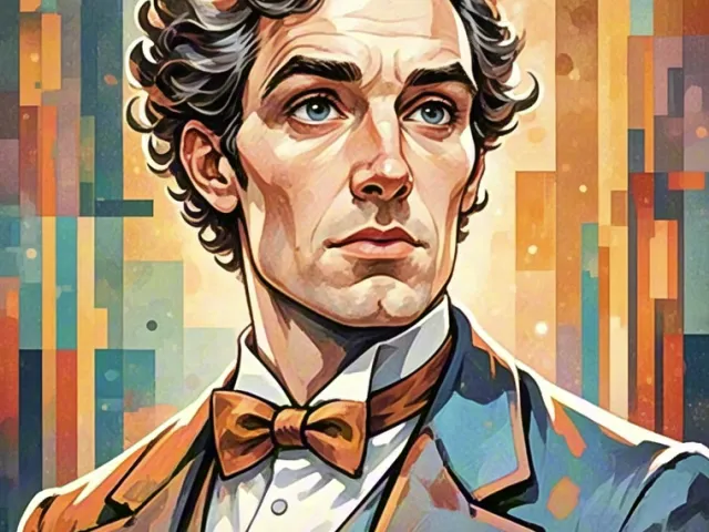 Vintage-style illustrated portrait of man with bow tie and curly hair