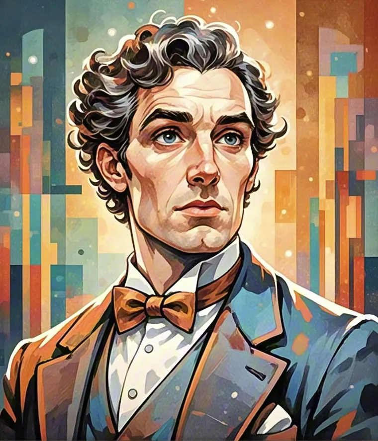 Vintage-style illustrated portrait of man with bow tie and curly hair