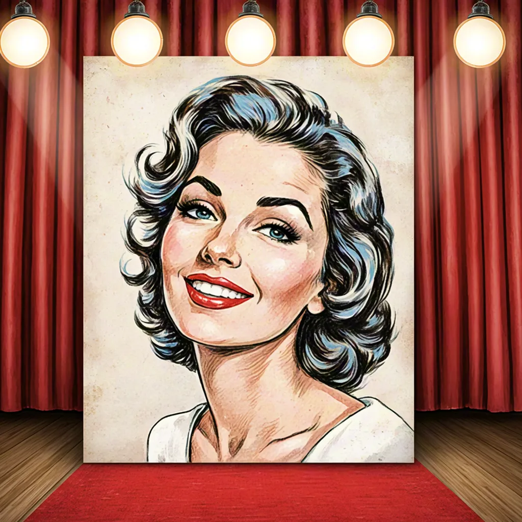 Retro illustrated female portrait displayed on theater stage with curtains