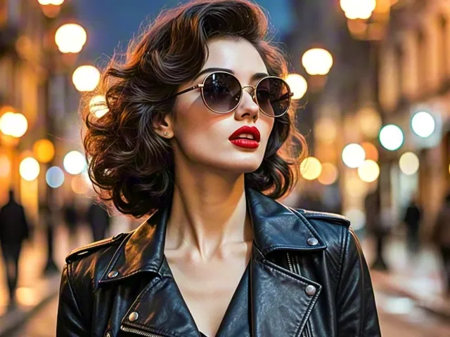 Stylish portrait of a woman in retro fashion standing in a glowing city street.