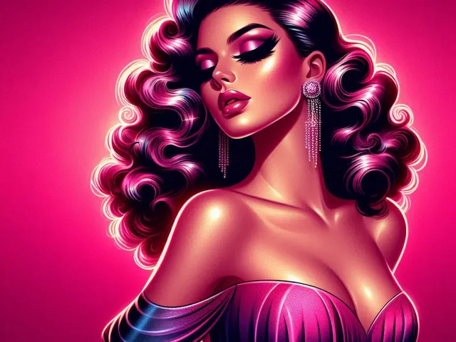 Stylized neon-magenta illustration of glamorous woman with curly hair