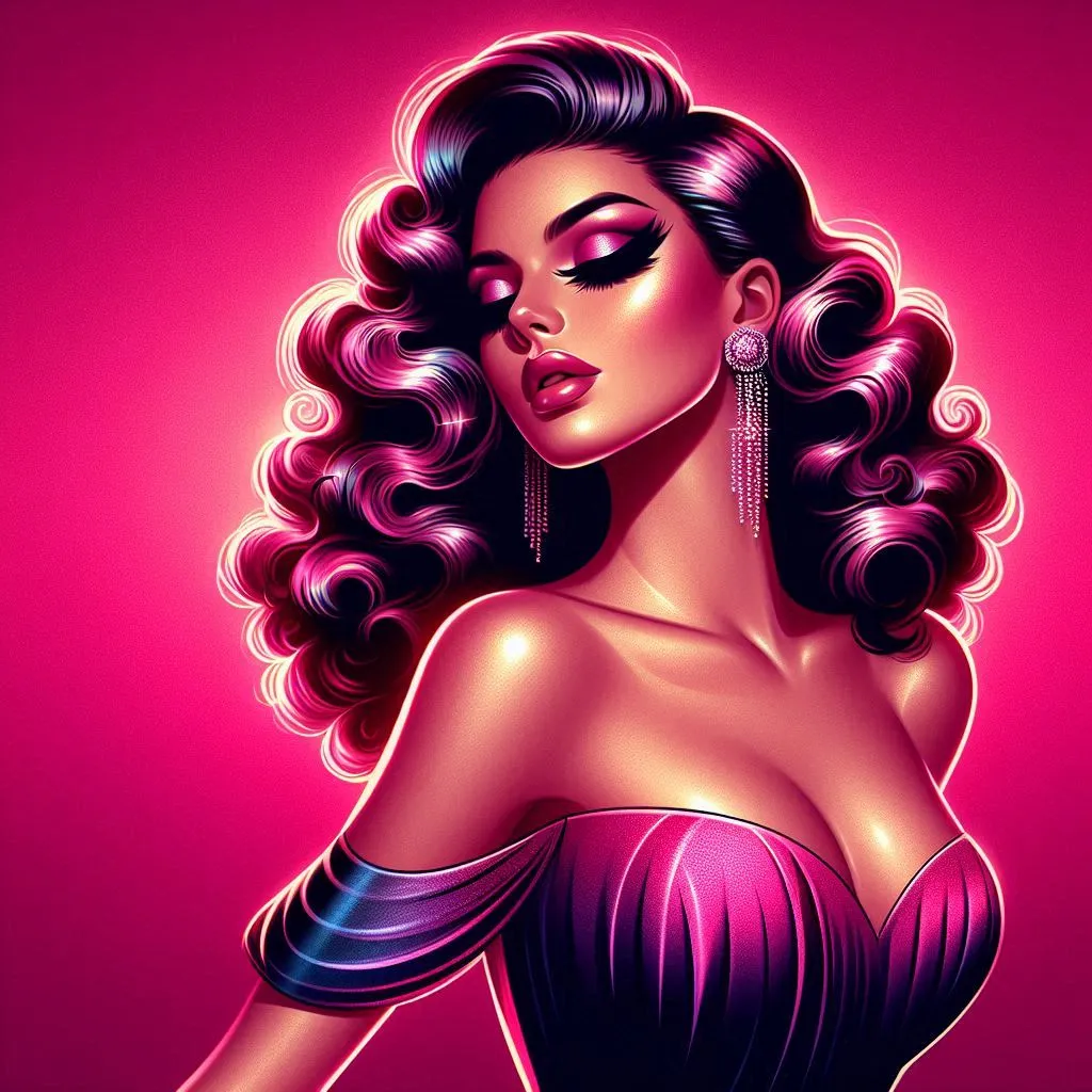 Stylized neon-magenta illustration of glamorous woman with curly hair