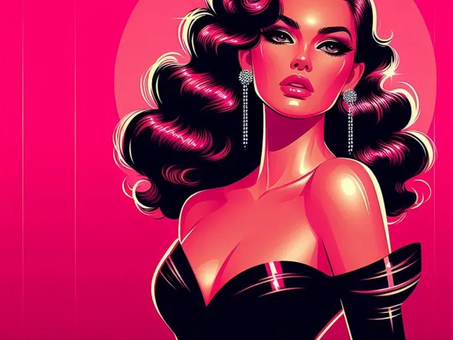 Stylized retro pop-art illustration of a glamorous woman with bold makeup and vintage aesthetic.