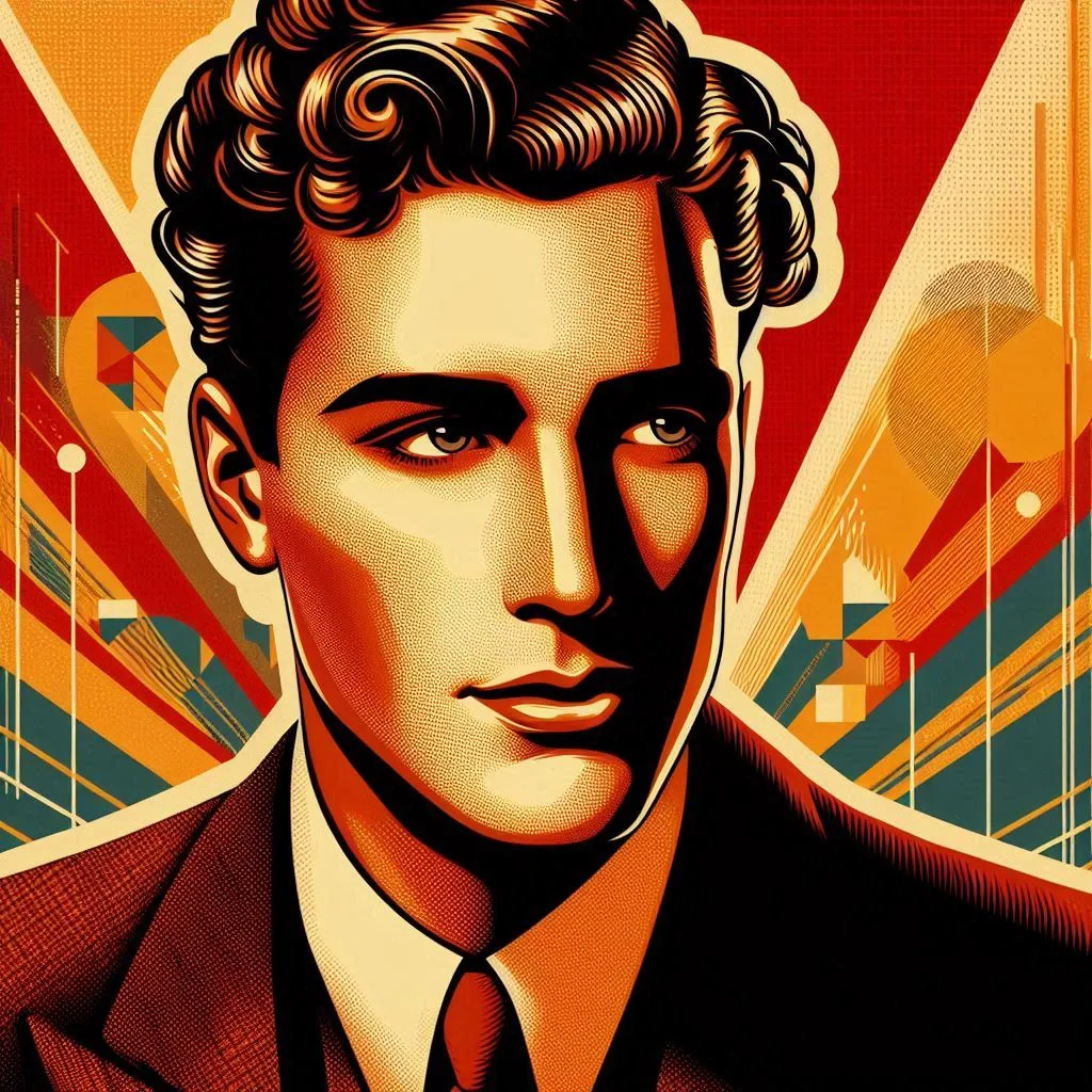 Vibrant pop-art style portrait of a handsome man with bold geometric background shapes.