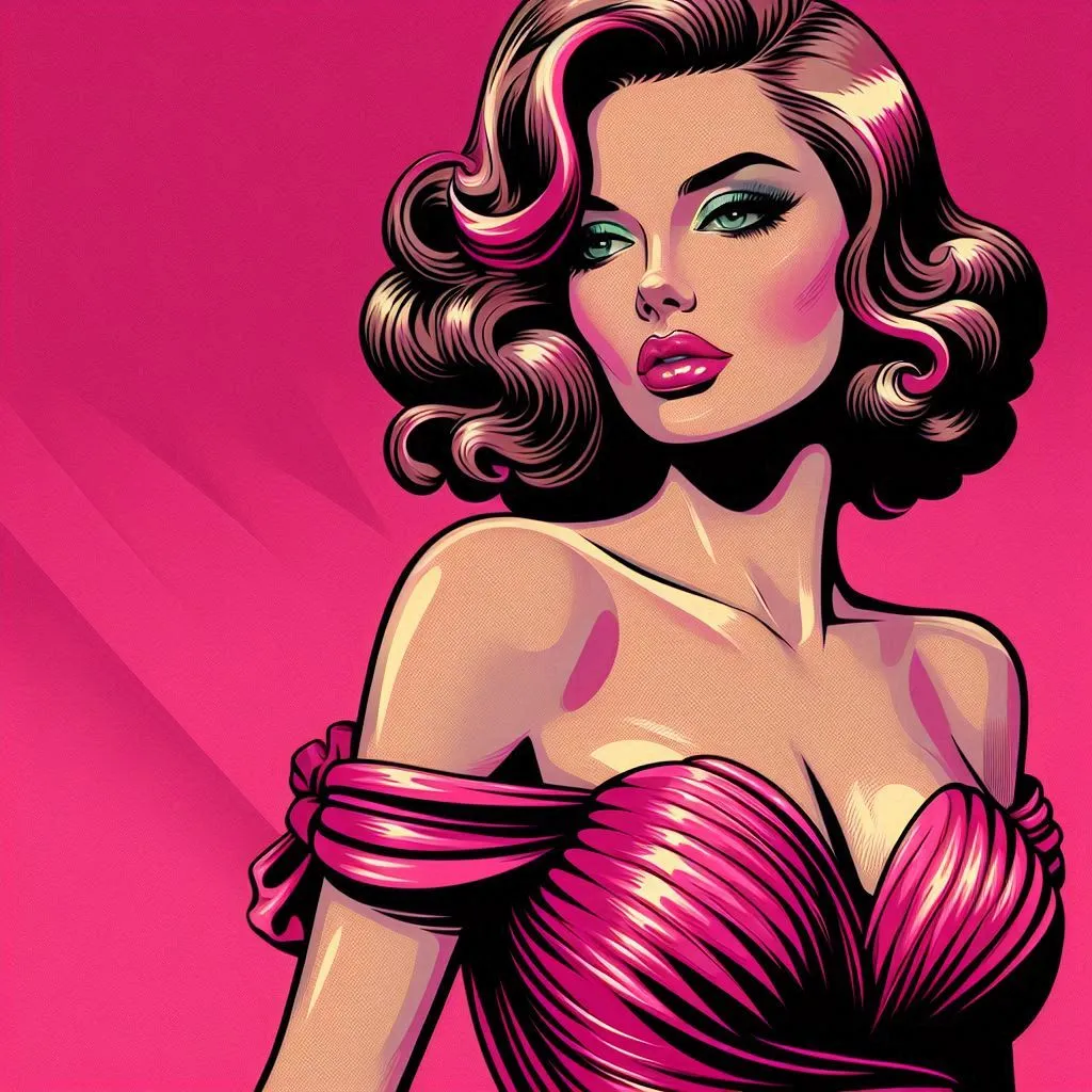 Stylized pop art illustration of woman on bright pink background