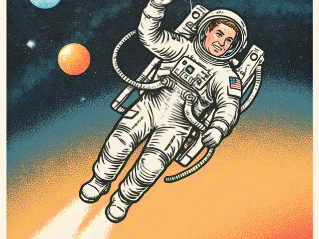 Vintage comic-style illustration of astronaut drifting in outer space