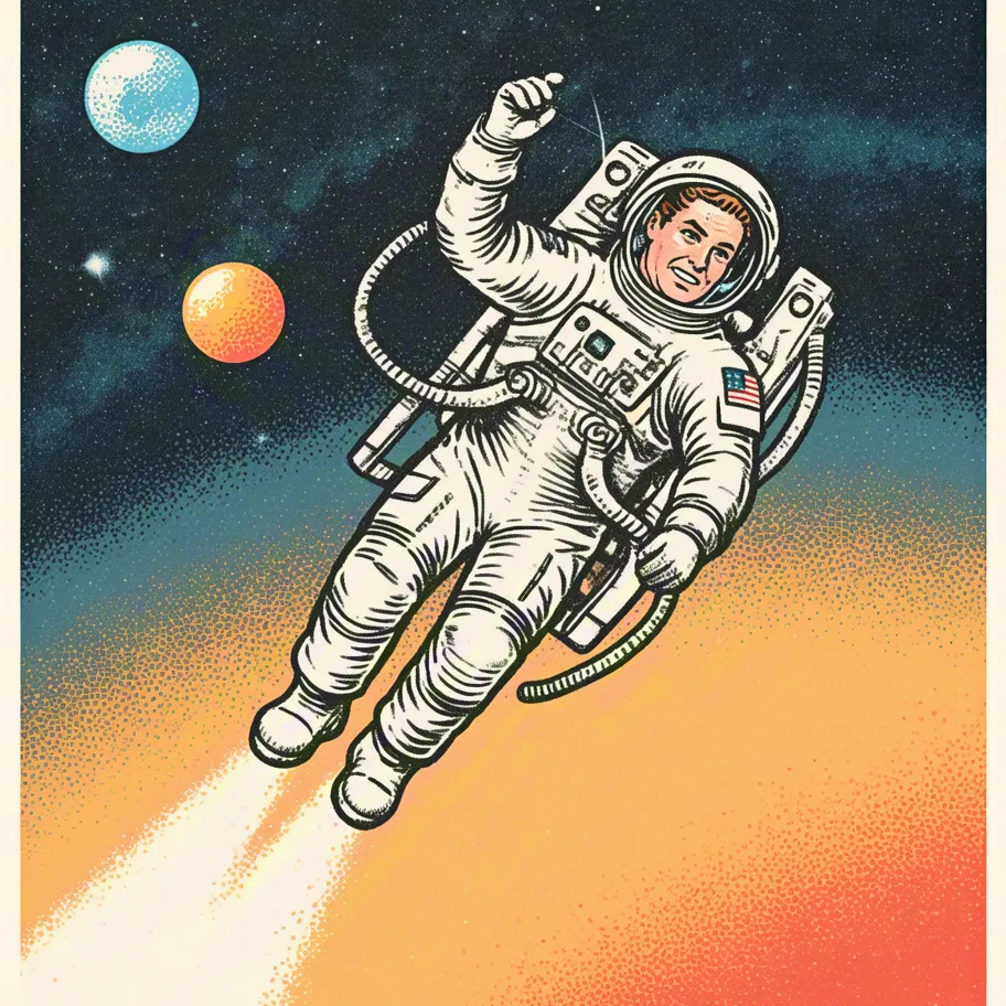 Vintage comic-style illustration of astronaut drifting in outer space