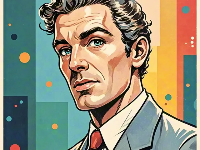 Colorful retro-style illustration of man in suit with graphic background