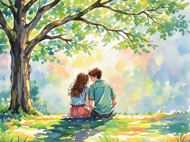 Illustrated romantic scene of couple sitting together under tree in nature