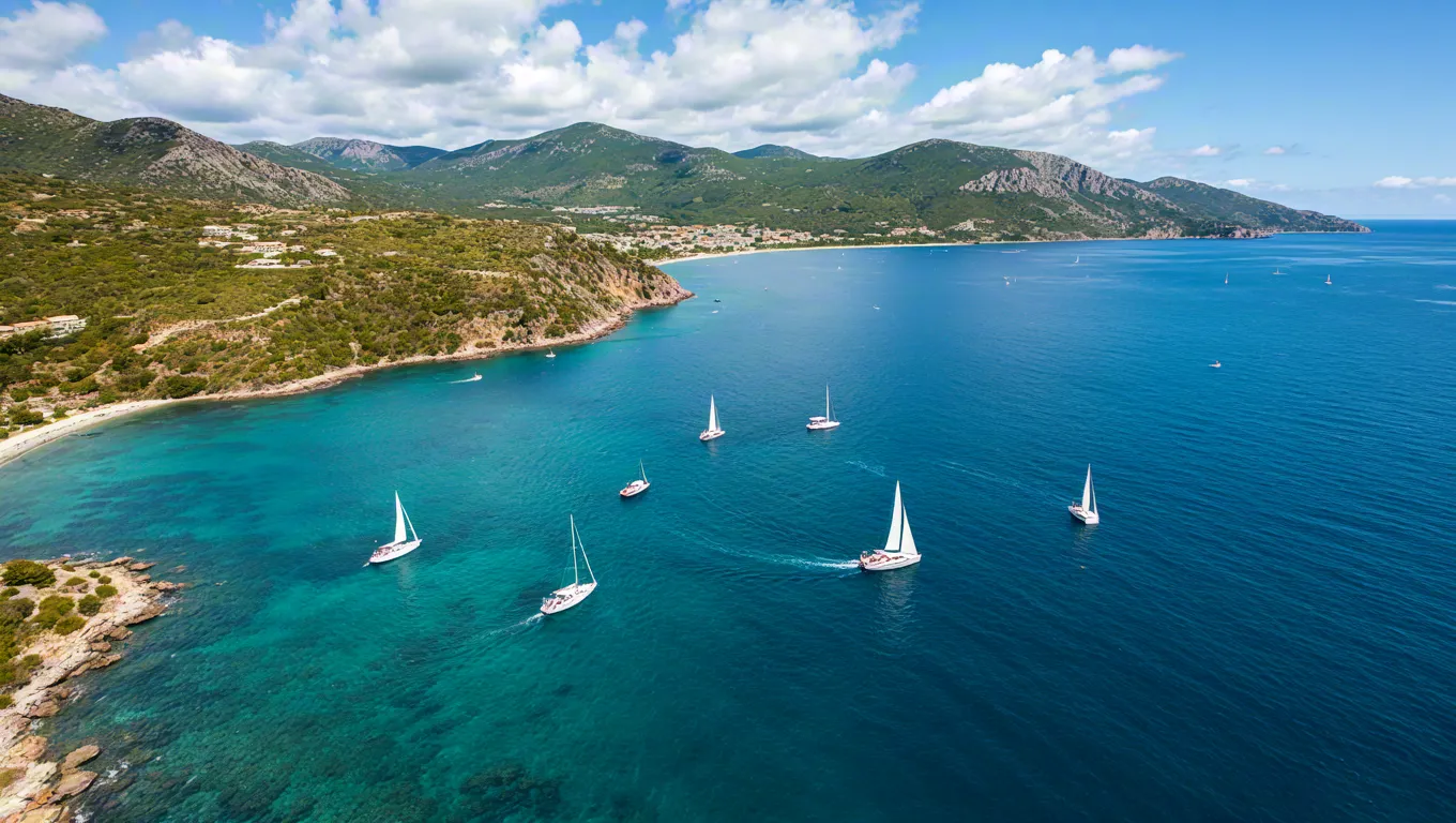 Aerial view of sailboats floating near a tropical beach and clear blue sea