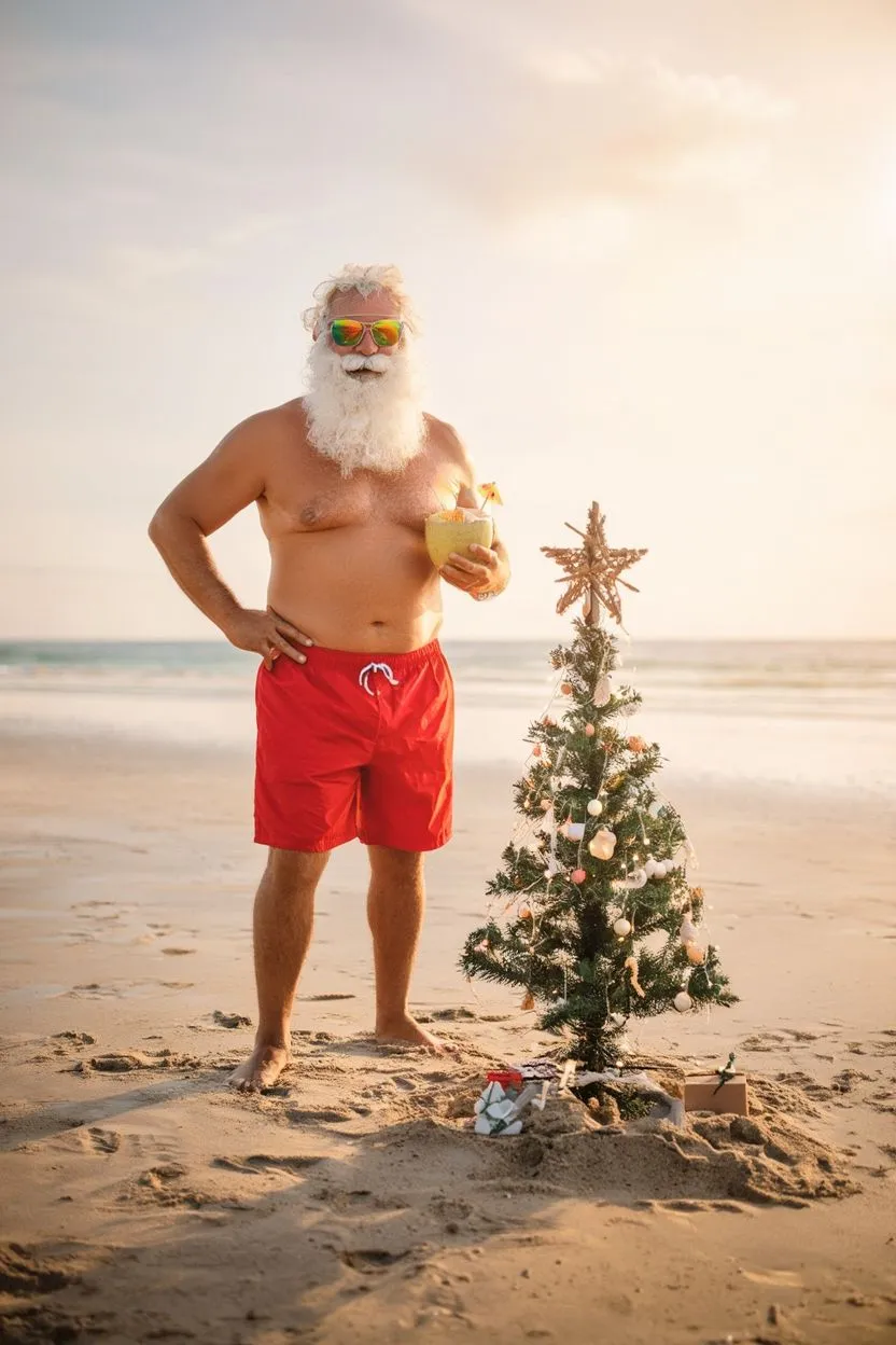 Santa Claus standing on a sandy tropical beach beside a small decorated Christmas tree.