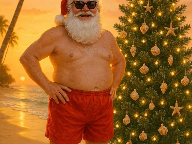 Humorous scene of Santa Claus in shorts next to decorated palm-side Christmas tree