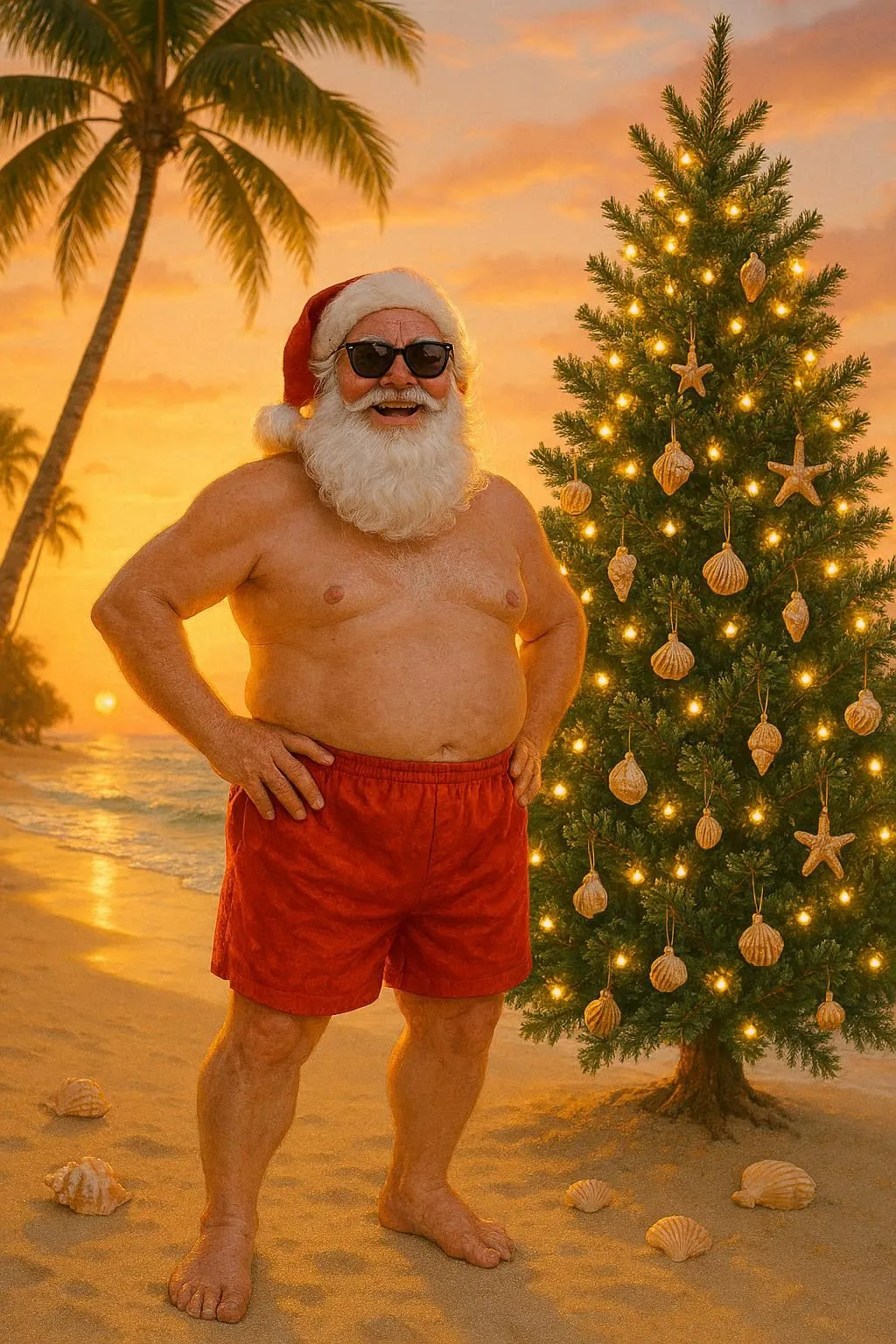 Humorous scene of Santa Claus in shorts next to decorated palm-side Christmas tree
