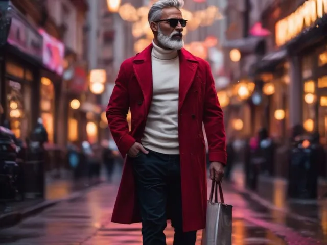 Santa Claus in a stylish red coat walking through a decorated winter city street with lights and holiday atmosphere.