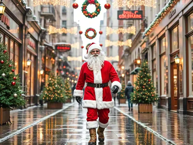 Christmas-themed image of Santa walking in a decorated pedestrian street with lights.