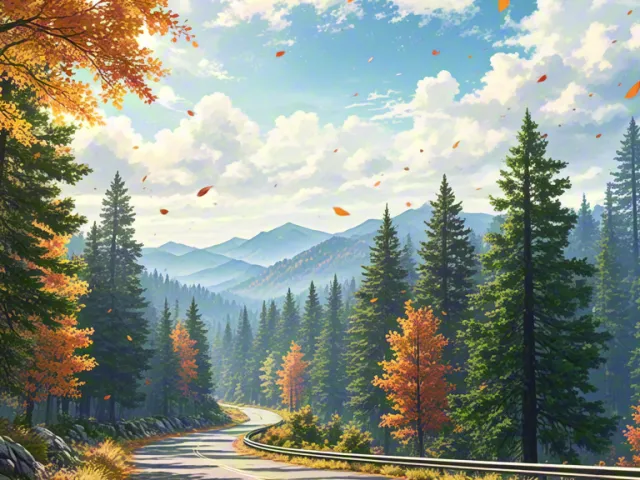 Peaceful autumn landscape with road surrounded by colorful trees