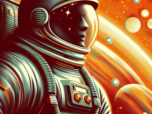 Futuristic astronaut illustration with cosmic background and bold colors