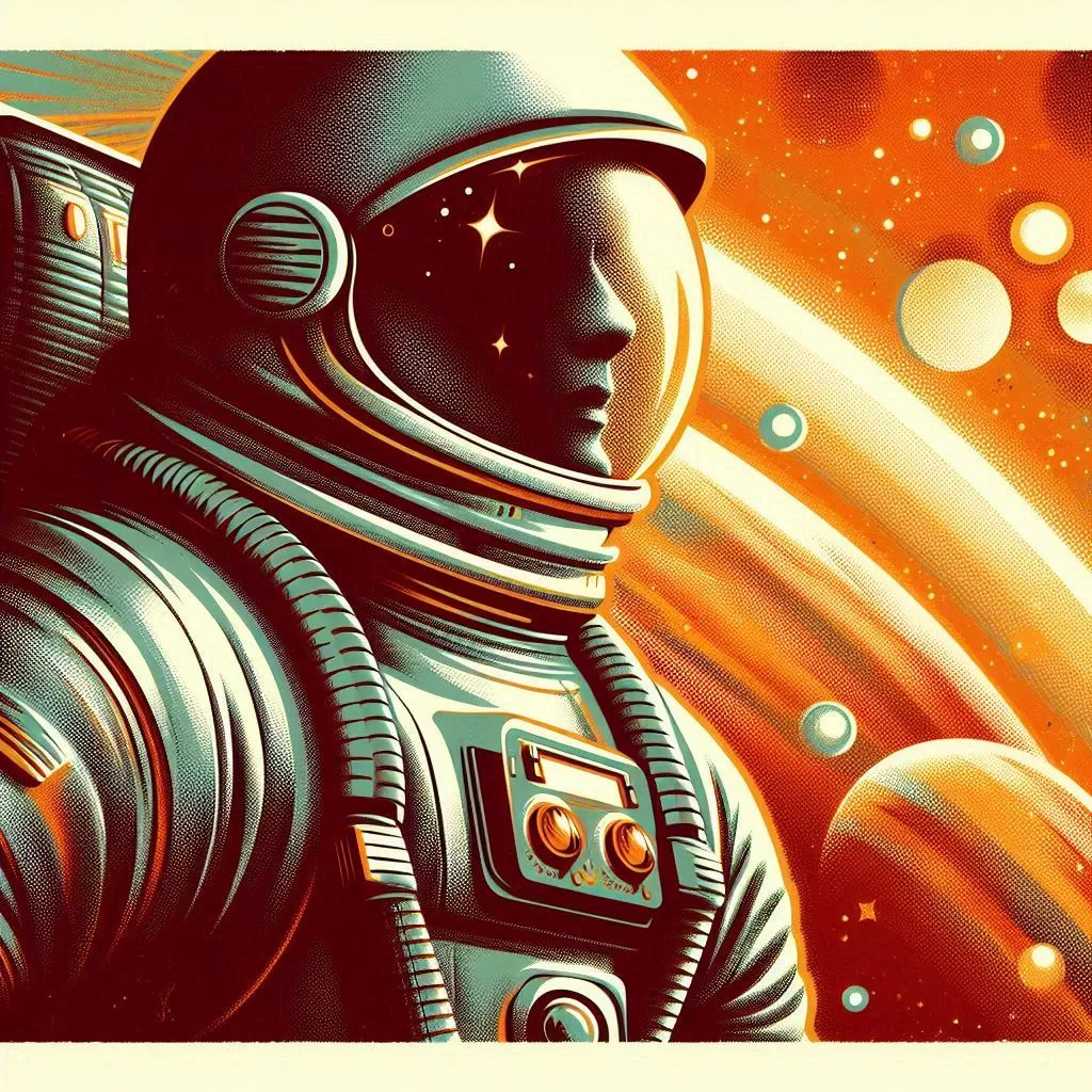 Futuristic astronaut illustration with cosmic background and bold colors