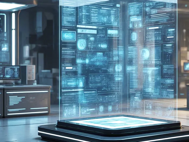 Glass cube structure glowing inside high-tech futuristic room