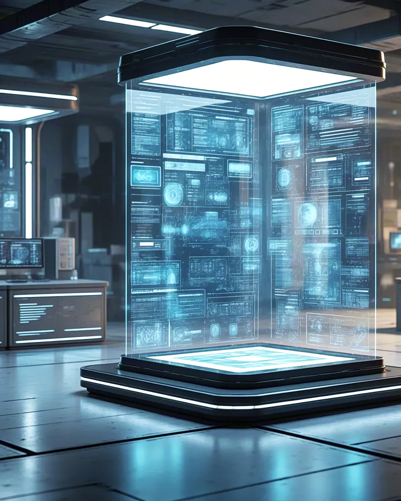 Glass cube structure glowing inside high-tech futuristic room