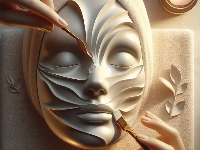 Stylized illustration of a woman receiving a sculptural facial mask treatment with spa tools.