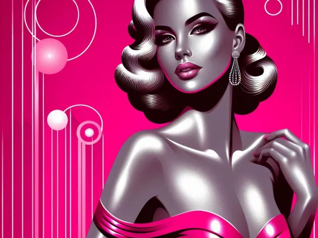 Metallic silver illustration of glamorous retro woman on pink background