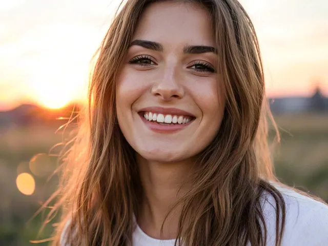 Natural portrait of a smiling young woman outdoors during sunset