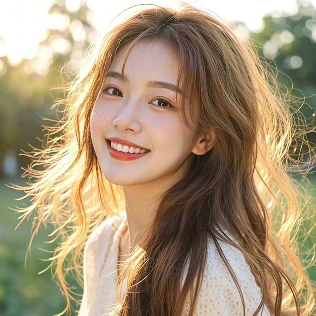 Smiling Woman with Wavy Hair in Natural Daylight