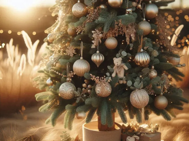 Frost-covered Christmas tree standing in snowy golden-hour light
