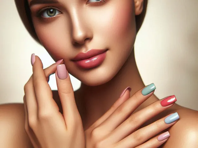 Close-up portrait of woman touching her face with elegant expression