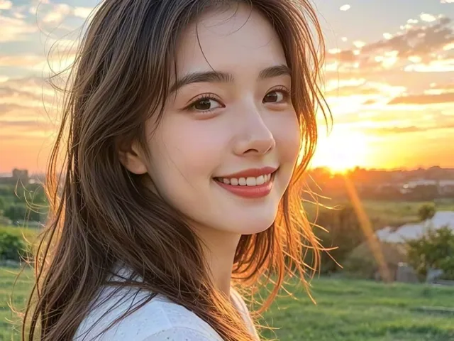 Young woman posing during a warm golden sunset with soft light on her face.