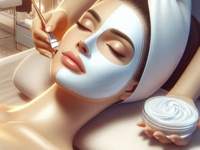 Woman relaxing on a spa bed while receiving a soothing facial mask treatment with warm lighting.