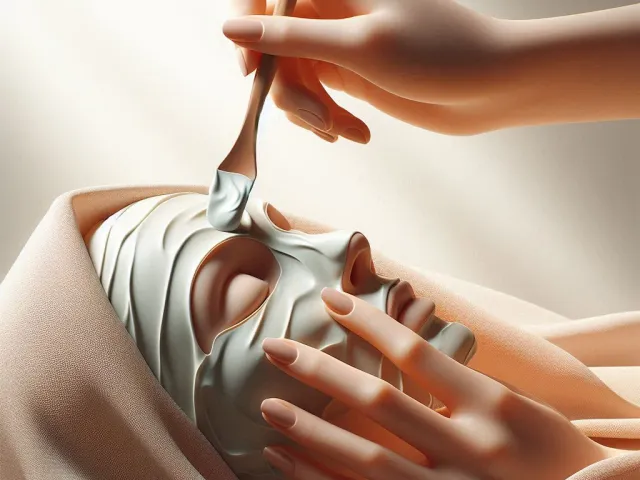 Beautician applying cream mask on woman’s face during spa session