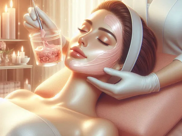 Beautician applying serum to woman's face during relaxing spa session