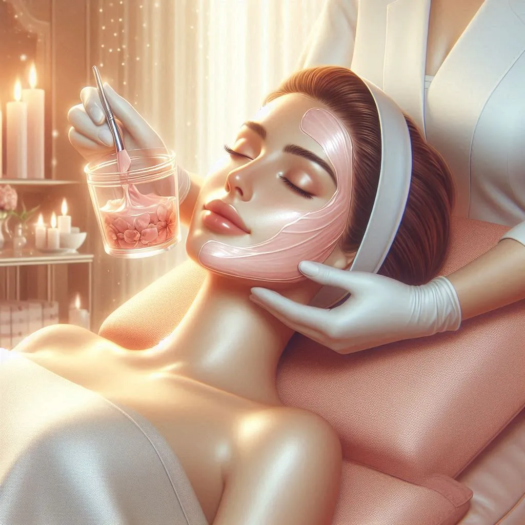 Beautician applying serum to woman's face during relaxing spa session