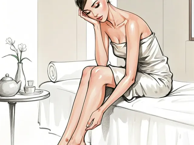 Beauty illustration of woman sitting on spa bench wrapped in towel