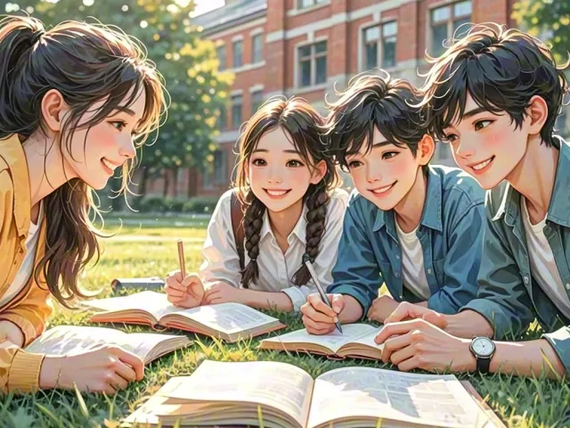 Group of young students reading and studying on grass near school
