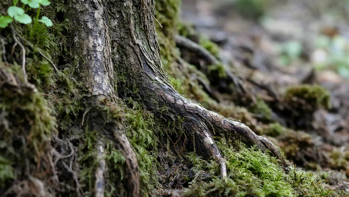 Macro nature shot of tree roots surrounded by moss and forest ground