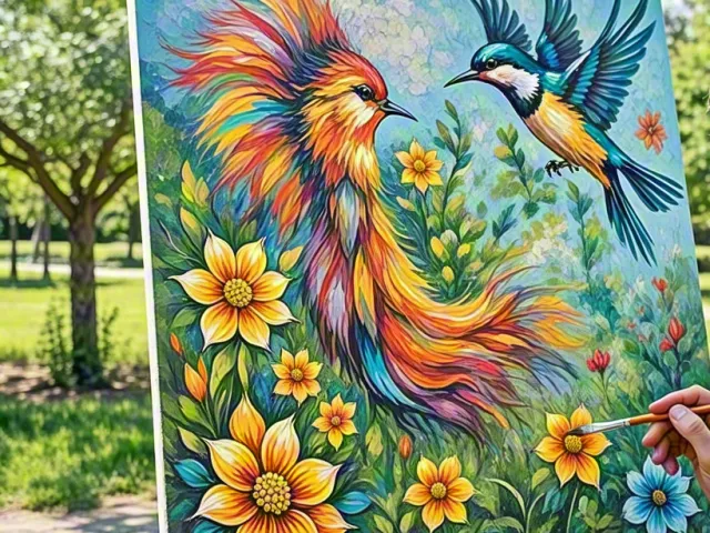 Colorful tropical bird artwork displayed on an easel in a sunny garden
