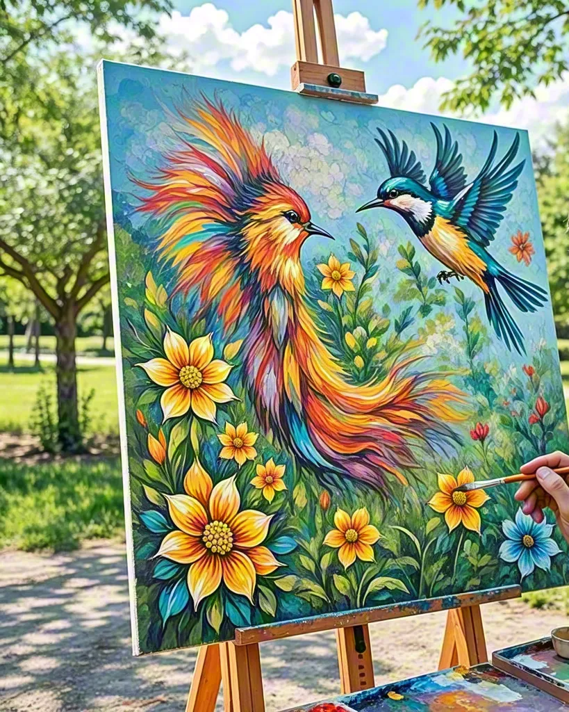 Tropical Bird Painting on Easel in Outdoor Garden