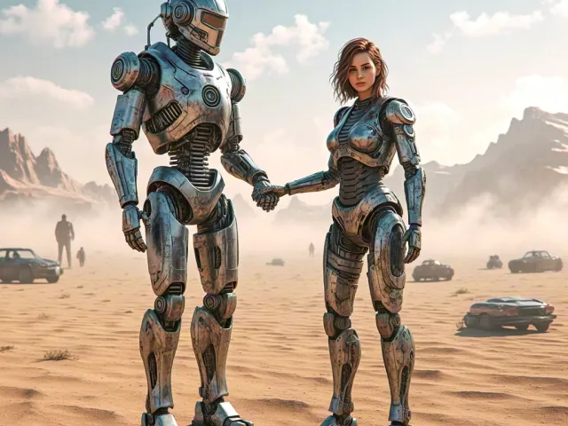 Futuristic humanoid robots meeting in sunlit desert environment
