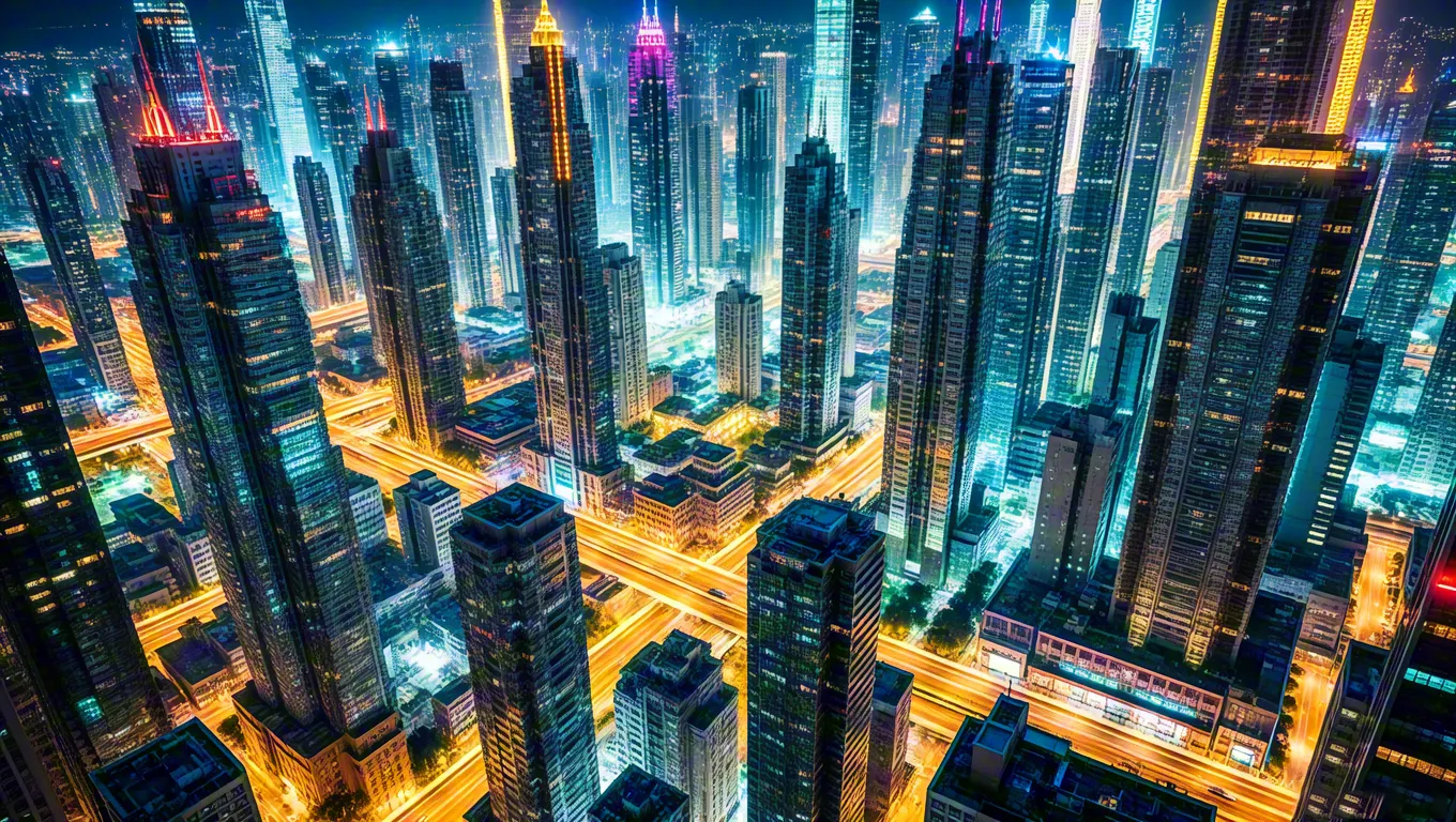 Aerial city view featuring glowing blue and orange urban lights
