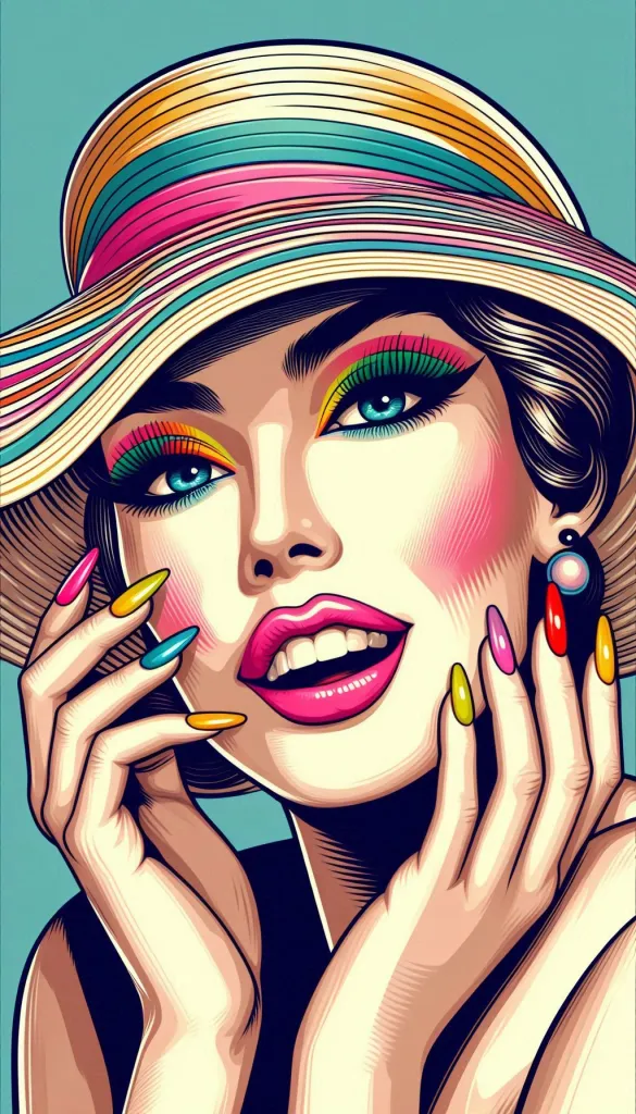 Retro-styled colorful illustration of woman wearing ribboned hat